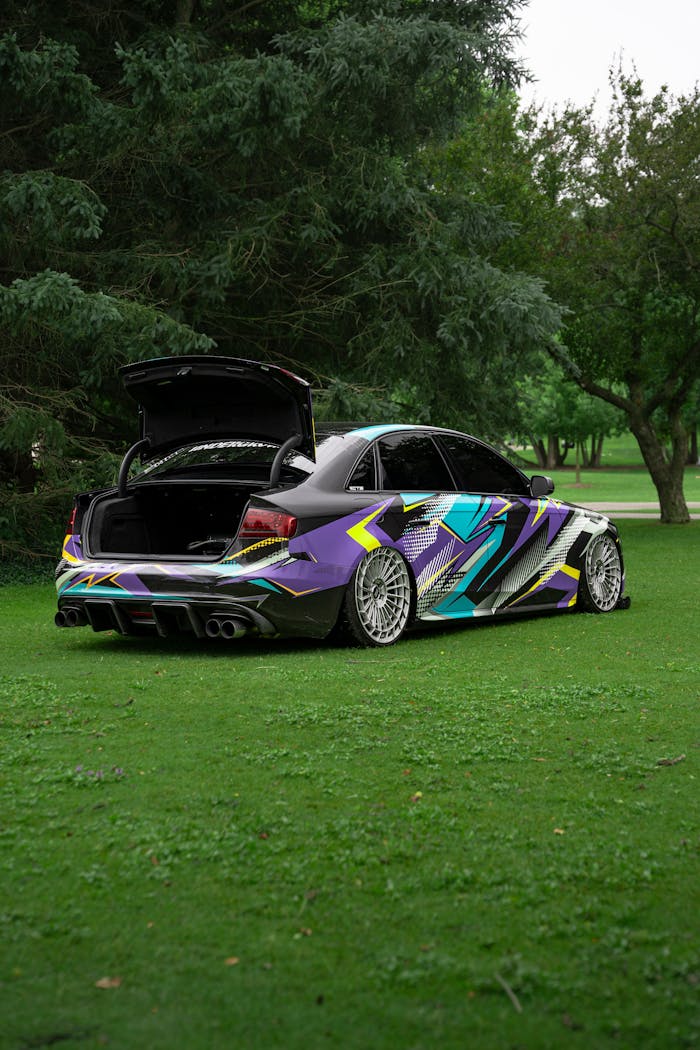 services-01 A modern car with a vibrant vinyl wrap parked on a green field in Toronto, Canada.