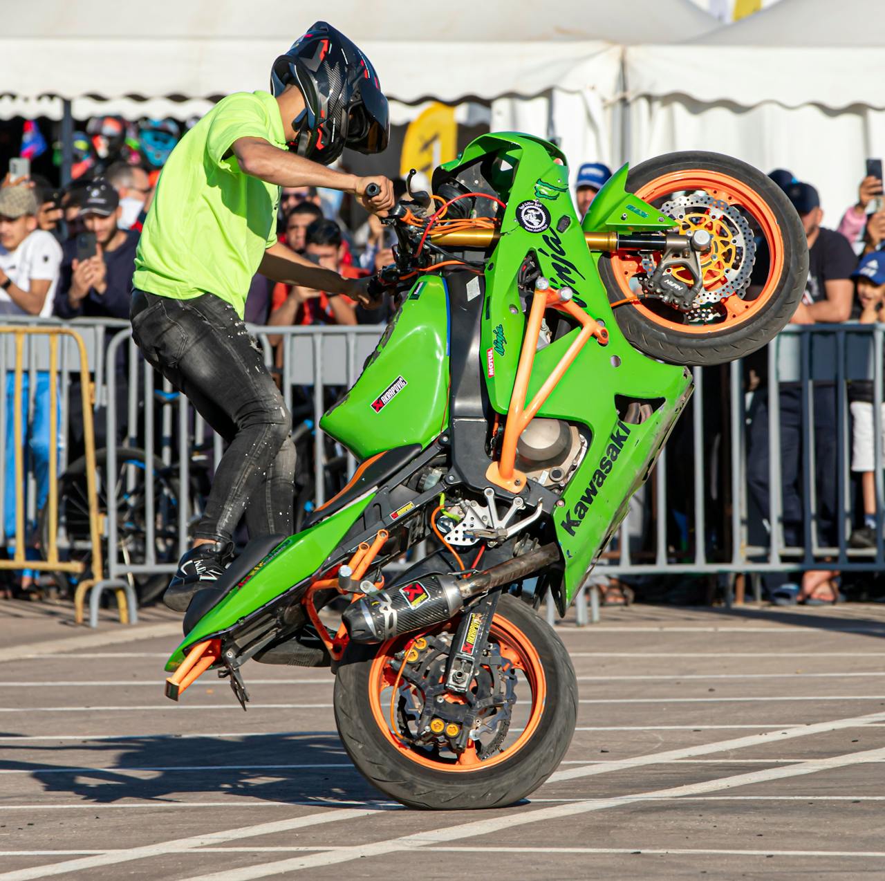 gallery-4 Motorcyclist performs a thrilling stunt on a green motorcycle during an outdoor event in Oran, Algeria.